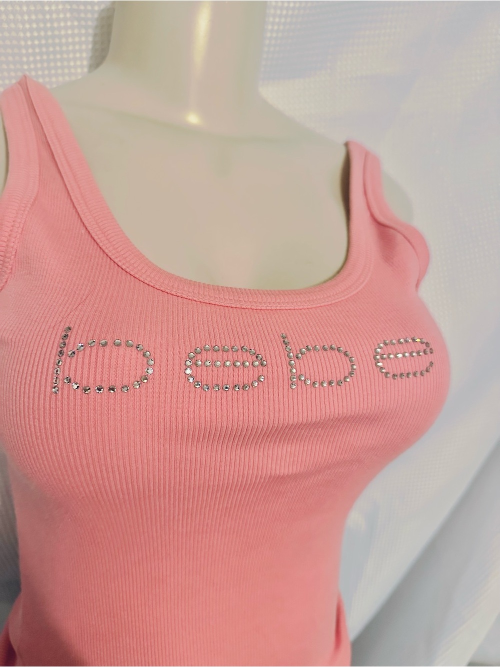 bebe Pink Ribbed Tank with Rhinestone Logo - Picture 2 of 3